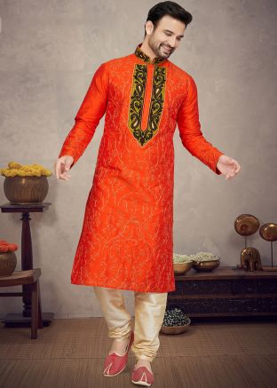 Orange Embroidered Mens Kurta Pajama
