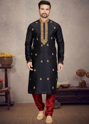 Black Art Silk Kurta Pajama In Embroidery