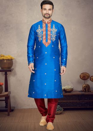 Blue Embroidered Kurta Pajama In Art Silk