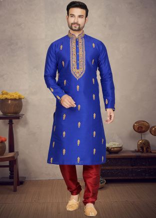 Blue Art Silk Kurta Pajama In Embroidery