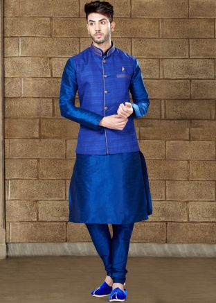 Buy Readymade Blue Mens Kurta Pajama for Wedding with Nehru Jacket Online