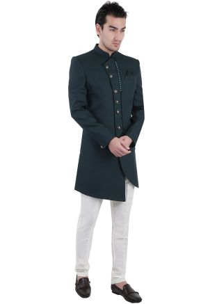 Green Readymade Asymmetric Indo Western Sherwani