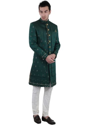 Green Sequins Embellished Mens Sherwani Set