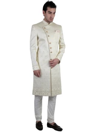 Mens Cream Embroidered Readymade Sherwani Set