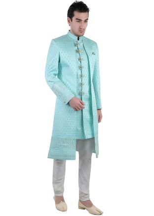 Readymade Blue Embroidered Sherwani Set