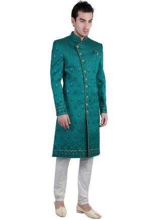 Teal Green Embroidered Mens Sherwani Set