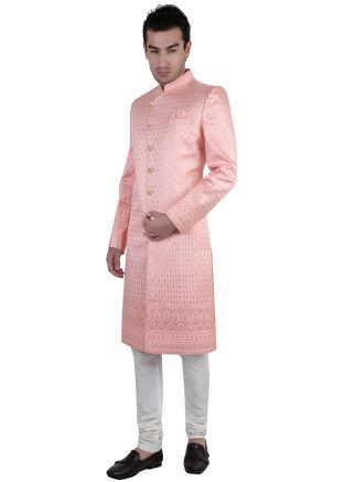 Readymade Pink Embroidered Mens Sherwani Set