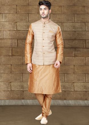 Readymade Beige Kurta Pajama with Nehru Jacket