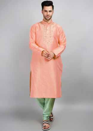 Peach Embroidered Dupion Silk Kurta Pajama