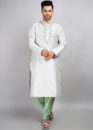Grey Embroidered Mens Kurta Pajama Set
