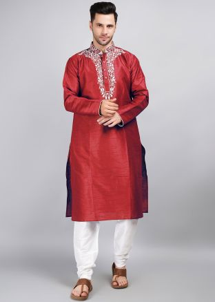 Red Mens Embroidered Kurta & Pajama Set