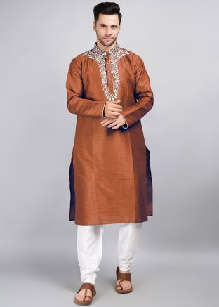Orange Mens Embroidered Kurta Pajama Set