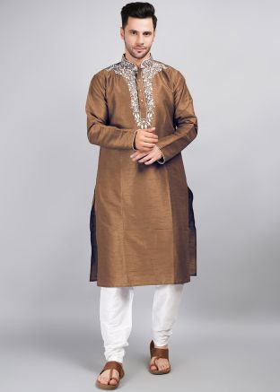 Readymade Brown Embroidered Kurta Pajama Set