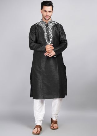 Mens Readymade Black Embroidered Kurta Pajama