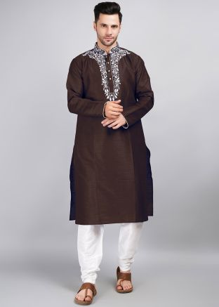 Brown Embroidered Mens Kurta Pajama Set