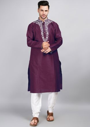 Mens Purple Embroidered Dupion Silk Kurta Pajama
