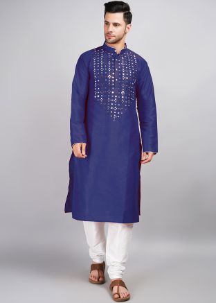 Blue Embroidered Dupion Silk Kurta Pajama