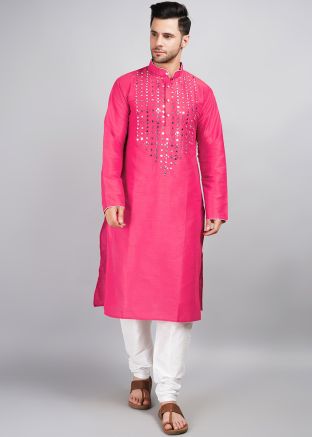Pink Mirror Embellished Kurta Pajama For Men