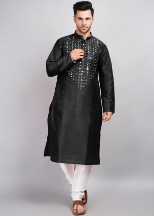 Black Mens Kurta Pajama In Mirror Work