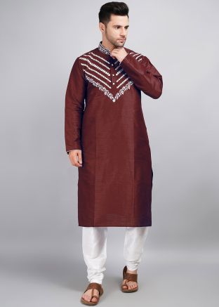 Maroon Embroidered Mens Kurta Pajama Set