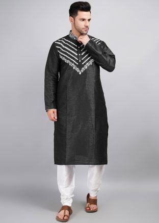 Mens Black Embroidered Kurta Pajama Set