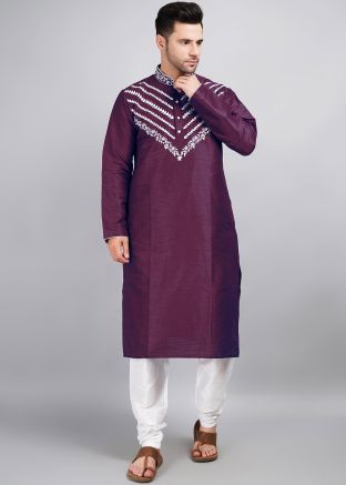 Purple Mens Embroidered Kurta Pajama set