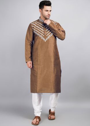 Brown Mens Kurta Pajama In Thread Embroidery