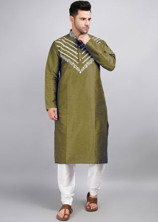 Green Embroidered Mens Kurta & Pajama