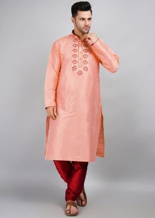 Peach Embroidered Kurta Pajama For Men
