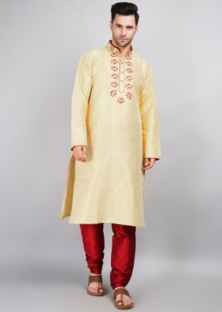 Mens Yellow Embroidered Kurta & Pajama