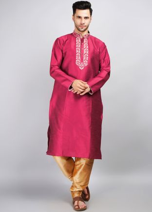 Pink Embroidered Mens Kurta Pajama Set