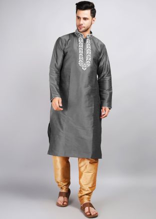 Mens Grey Embroidered Kurta Pajama Set