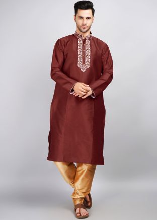 Maroon Mens Embroidered Kurta Pajama Set