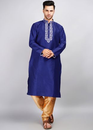 Blue Mens Embroidered Kurta With Pajama