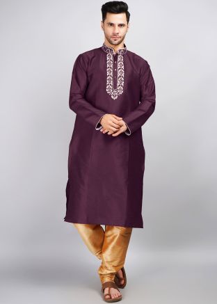 Purple Embroidered Mens Kurta & Pajama