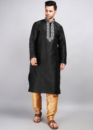 Black Mens Embroidered Kurta With Pajama