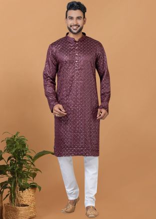 Wine Readymade Embellished Art Silk Mens Kurta Pajama