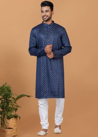 Blue Readymade Embellished Mens Art Silk Kurta Pajama Set
