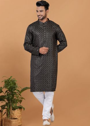 Black Readymade Mens Art Silk Kurta Pajama In Sequins Embellishment