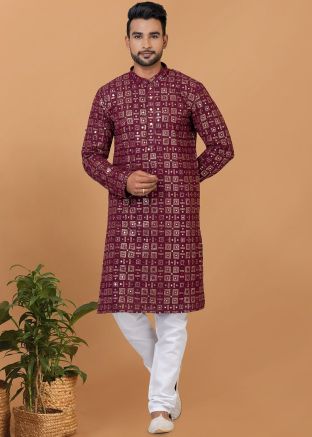 Maroon Readymade Georgette Mens Kurta Pajama In Mirror Work