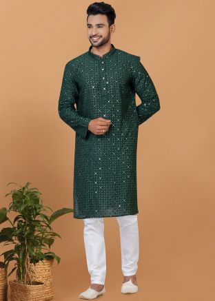 Green Readymade Embellished Mens Kurta Pajama In Viscose