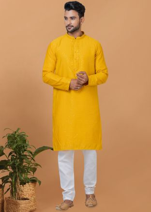 Yellow Readymade Sequins Embellished Mens Kurta Pajama Set