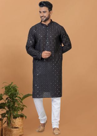 Black Readymade Mens Kurta Pajama In Sequins Embellishment