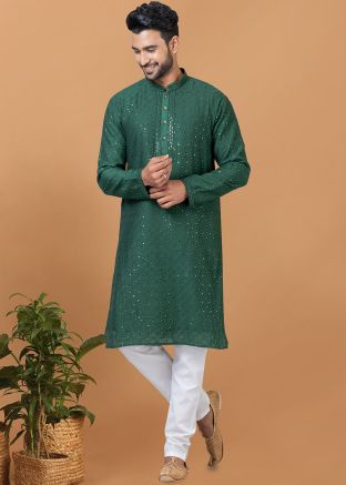 Green Readymade Embellished Mens Kurta Pajama In Viscose