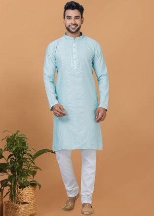Blue Readymade Embellished Mens Viscose Kurta Pajama Set