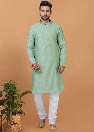 Green Readymade Embellished Mens Kurta Pajama In Viscose