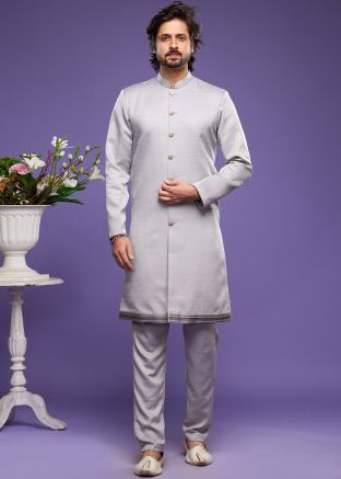 Grey Mens Indo Sherwani Set In Art Silk