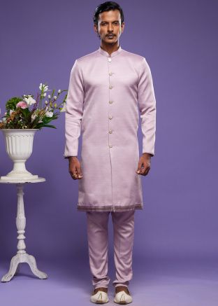 Purple Mens Indo Sherwani Set In Art Silk