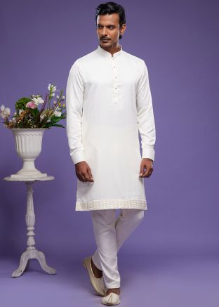White Mens Kurta Pajama In Art Silk
