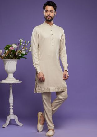 Beige Mens Kurta Pajama In Art Silk